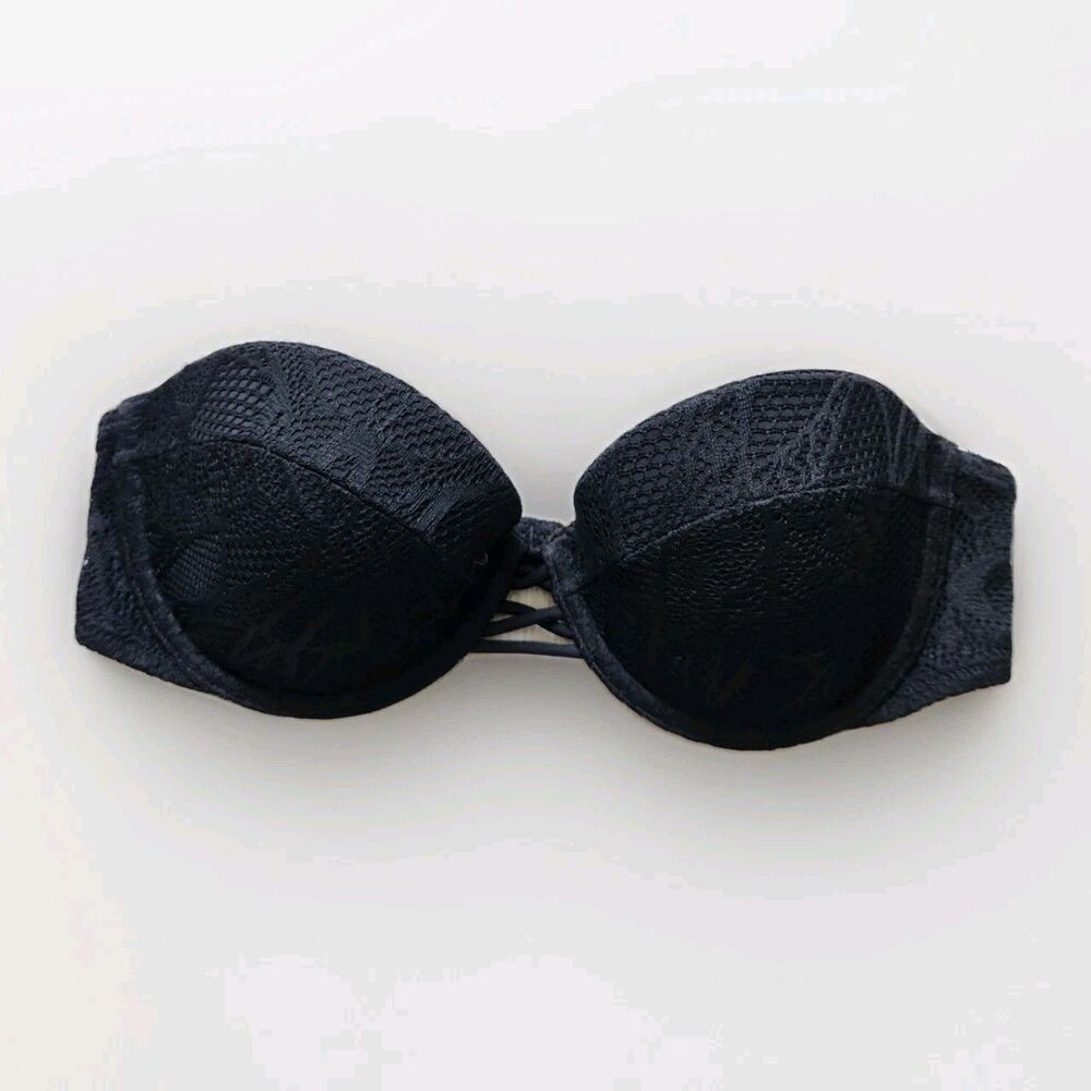Victoria’s Secret Bandeau Bikini Top Black Textured Strappy Front Swim 34C